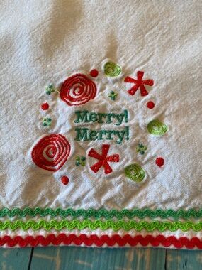 Merry! Merry! Embroidered Holiday Kitchen Towel - Red & Green
